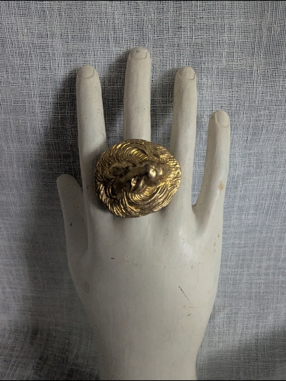 Vintage Burnished Gold Adjustable Lion Lioness Statement Ring Jewelry